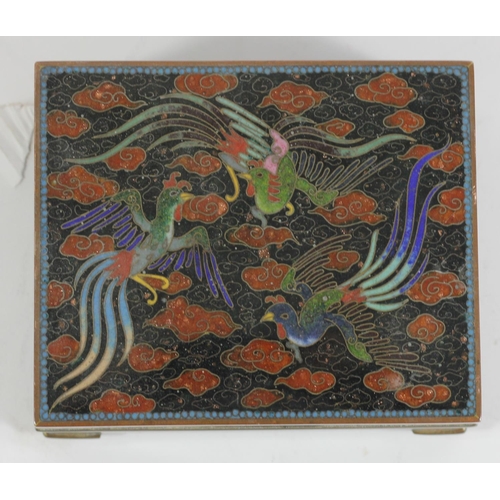 147 - A Japanese cloisonné rectangular box, the hinged lid decorated with birds, the sides similarly decor... 