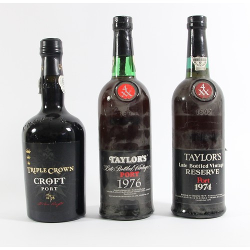 164 - Taylors late bottle vintage reserve port, 1974, another non reserve, 1976 and a bottle of Triple Cro... 