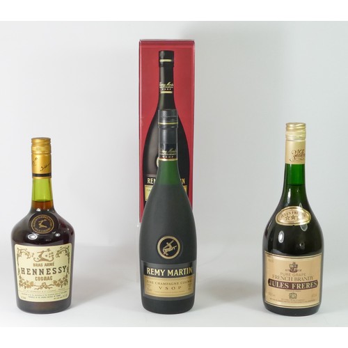 167 - Remy Martin VSOP cognac, Hennessy Cognac (70% proof) and Jules Freres French brandy (3)