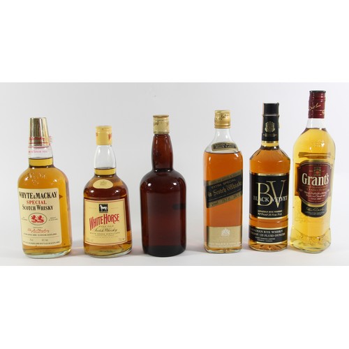 172 - Johnnie Walker Black label (70% proof), White Horse, Whyte & MacKay, Haig (no label) and Black Velve... 