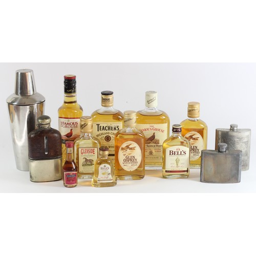 179 - Famous Grouse 350 ml and 375 cl, Teachers 350 ml, various other miniatures, hip flasks and a cocktai... 