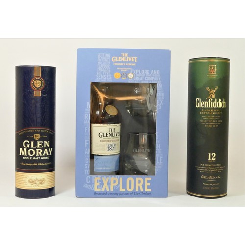 184 - Glenlivet Founders Reserve presentation pack, Glenfiddich 12 year old tube, Glen Moray tube (3)