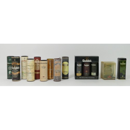 196 - Miniatures 5 cl: Glenturret Eighteen year old, 3 pack Glenfiddich, twelve, fifteen, eighteen years t... 