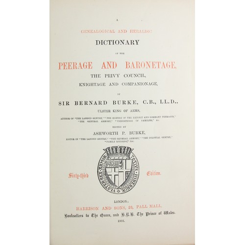 206 - Sir Bernard Burke, A Genealogical & Heraldic Dictionary of the Peerage & Baronetage 63rd edition. Lo... 