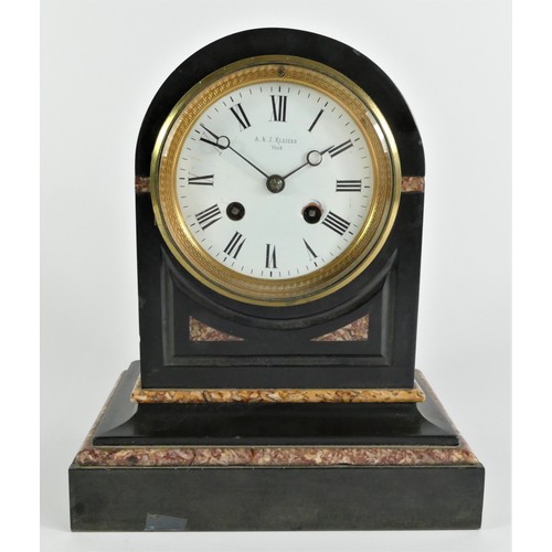 210 - A & J Kleiser, York, a Victorian black slate and red variegated marble domed mantle clock, white ena... 