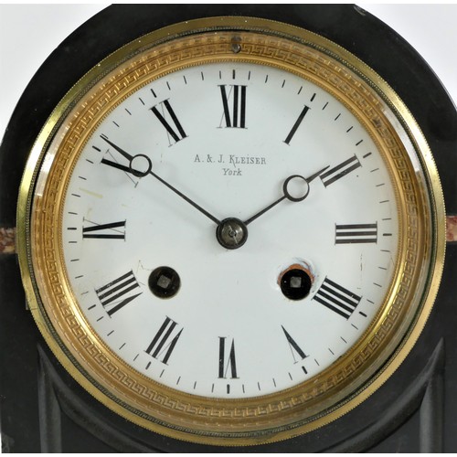 210 - A & J Kleiser, York, a Victorian black slate and red variegated marble domed mantle clock, white ena... 