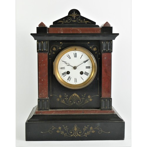 211 - A Victorian black slate a red variegated marble architectural mantle clock, white enamel dial, the u... 