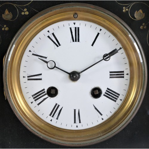 211 - A Victorian black slate a red variegated marble architectural mantle clock, white enamel dial, the u... 