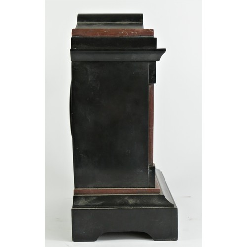 211 - A Victorian black slate a red variegated marble architectural mantle clock, white enamel dial, the u... 