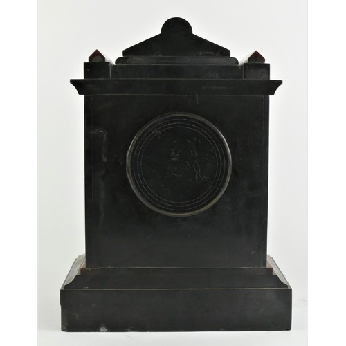 211 - A Victorian black slate a red variegated marble architectural mantle clock, white enamel dial, the u... 