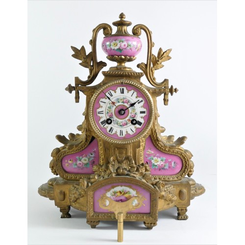 215 - A 19th century French ormolu and porcelain 8 day mantle clock, white enamel dial, the movement by Vi... 