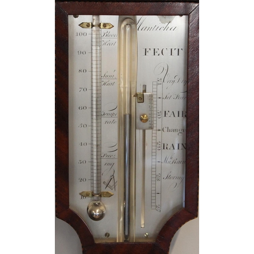 225 - D. Manticha, a George III mahogany Masonic stick barometer, the silvered dial having a vernier gauge... 