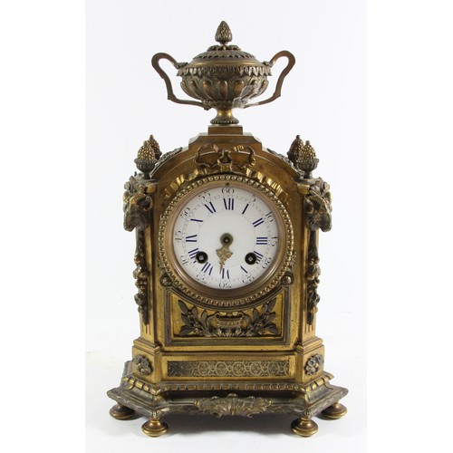 228 - A 19th century French gilt brass mantle clock, the white enamel dial lacking one hand, the Japy Frer... 