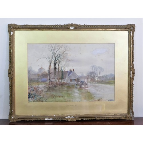 244 - Henry Charles Fox (1855-1929), Horse and cart by a village, signed and dated 1900, watercolour with ... 