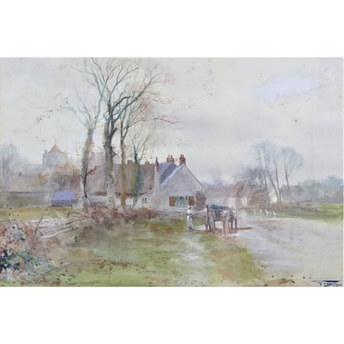 244 - Henry Charles Fox (1855-1929), Horse and cart by a village, signed and dated 1900, watercolour with ... 