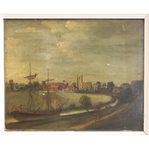 246 - Early 19th century English school, Anchor House, Bubwith church and river with three sailing vessels... 