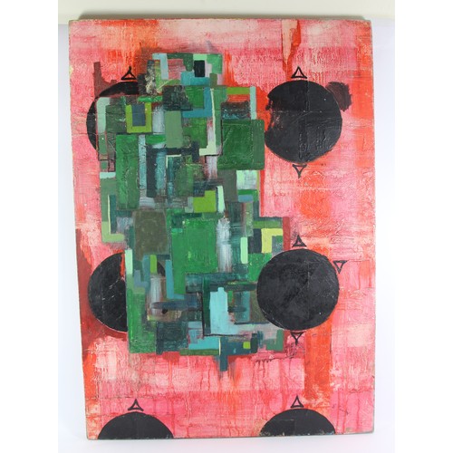 249 - In the manner of Eduardo Paolozzi, abstract, acrylic on canvas, bears a signature, 84 x 60cm, unfram... 