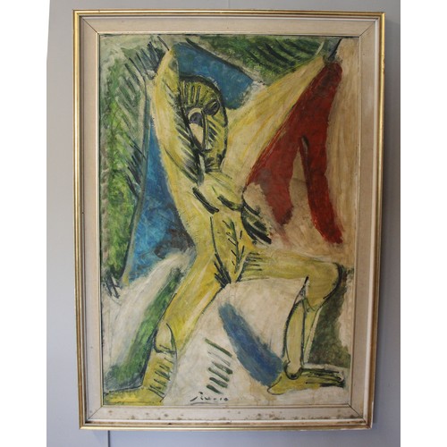 252 - In the manner of Pablo Picasso, African dancer, oil and mixed media on board, bears a signature, 132... 