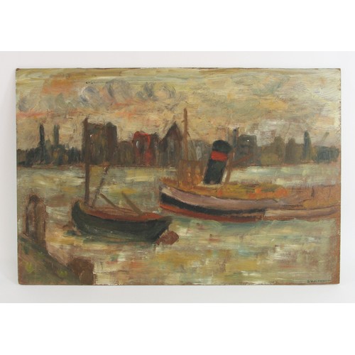 254 - In the manner of Samuel Halpert, tug boat, oil on board, bears a signature, unframed, 41 x 61cm