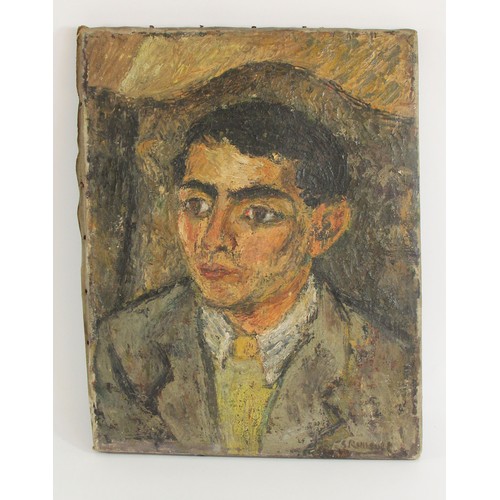 255 - In the manner of Georges Roualt, portrait of a young man, acrylic on canvas, bears a signature, pain... 