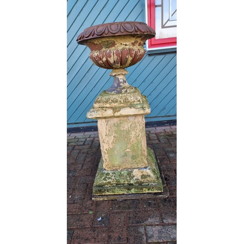 266 - A Victorian pair of terracotta lobed urns, mounted on York stone pedestals, diameter 47, height 118c... 