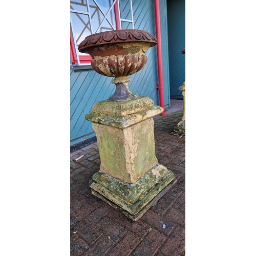 266 - A Victorian pair of terracotta lobed urns, mounted on York stone pedestals, diameter 47, height 118c... 