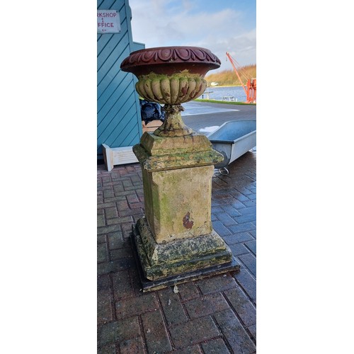 266 - A Victorian pair of terracotta lobed urns, mounted on York stone pedestals, diameter 47, height 118c... 