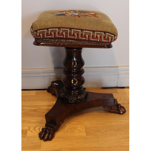 271 - A Regency rosewood piano stool, the square seat with bead and embroidered decoration, to a turned co... 