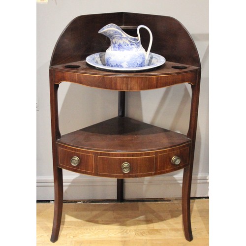 274 - A Georgian mahogany and boxwood inlaid corner washstand, central frieze drawer flanked by two dummie... 