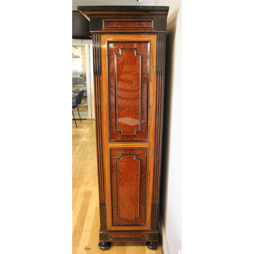 275 - A continental burr walnut and ebonised display cabinet, inlaid floral frieze and two lower drawers, ... 