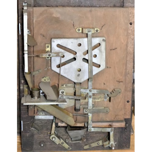 307 - A wall mounted half penny slot machine, lacking glass, apparently complete, 65 x 44 x 18cm, five top... 