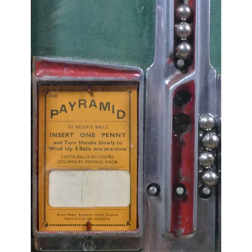 313 - Bryans Payramid oak skill travelling arcade ball catching game penny slot machine, designed c.1934, ... 