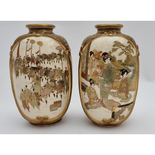 148 - A Japanese Satsuma pair of vases, Meiji period (1868-1912), by Kinkozan, Kyoto, of oblong form with ... 