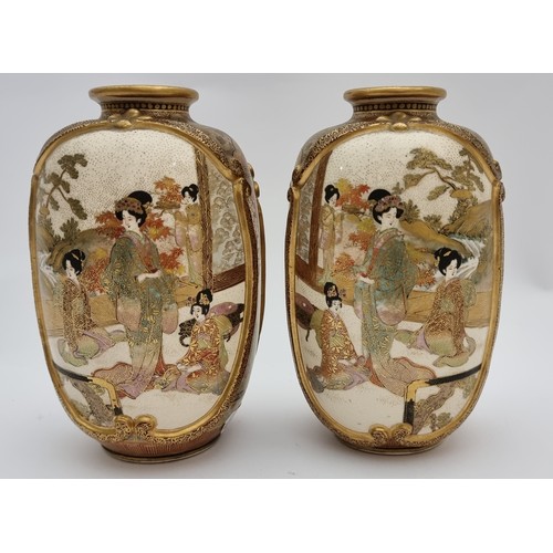 148 - A Japanese Satsuma pair of vases, Meiji period (1868-1912), by Kinkozan, Kyoto, of oblong form with ... 