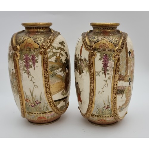 148 - A Japanese Satsuma pair of vases, Meiji period (1868-1912), by Kinkozan, Kyoto, of oblong form with ... 