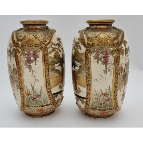 148 - A Japanese Satsuma pair of vases, Meiji period (1868-1912), by Kinkozan, Kyoto, of oblong form with ... 