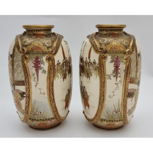 148 - A Japanese Satsuma pair of vases, Meiji period (1868-1912), by Kinkozan, Kyoto, of oblong form with ... 