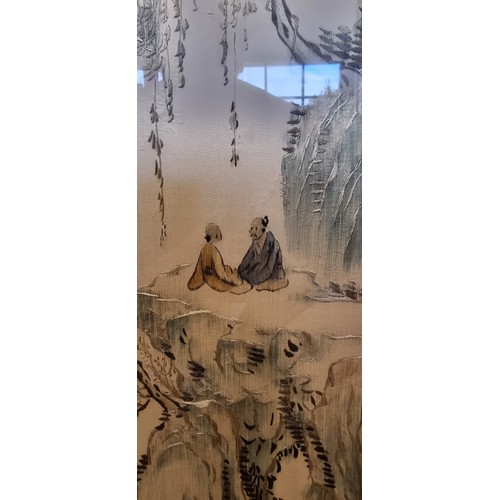 145 - A pair of Chinese silk panels with woven mountain scenes, woven characters and seal marks, 105 x 30c... 