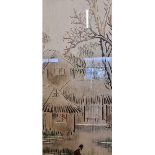 145 - A pair of Chinese silk panels with woven mountain scenes, woven characters and seal marks, 105 x 30c... 