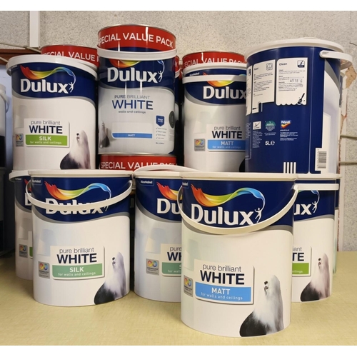 55 - Nineteen tins of Dulux Pure Brilliant White, silk and matt emulsion, 5L - 6L