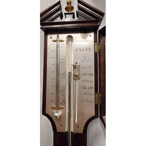 225 - D. Manticha, a George III mahogany Masonic stick barometer, the silvered dial having a vernier gauge... 