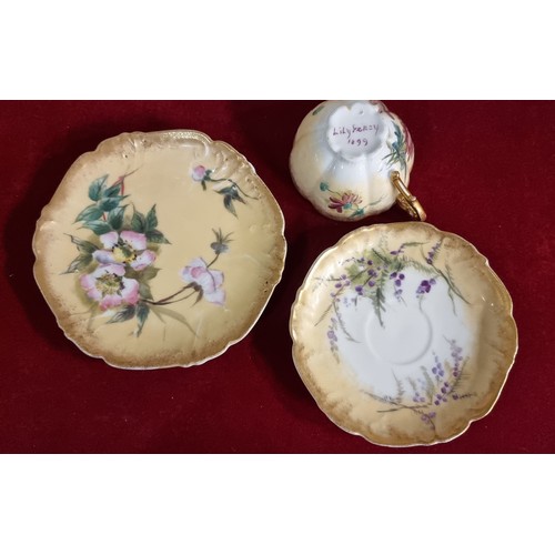 108 - Two late 19th century fine porcelain trios to include, a gold hand painted cup, saucer and sandwich ... 