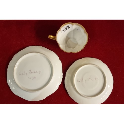 108 - Two late 19th century fine porcelain trios to include, a gold hand painted cup, saucer and sandwich ... 