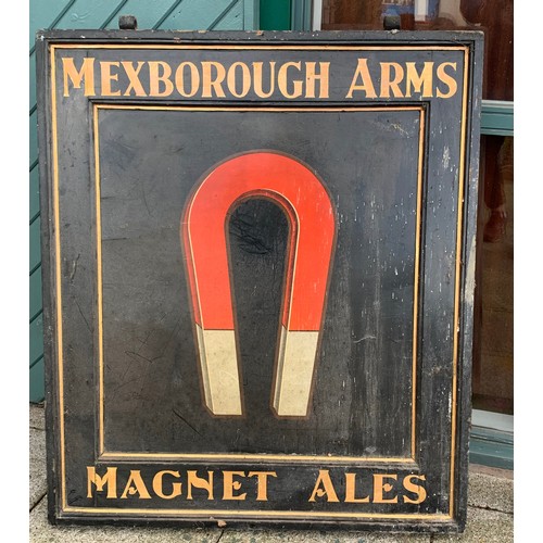 11 - A double sided pub sign, from the Mexbrough Arms, Leeds, depicting a horseshoe shaped magnet, advert... 