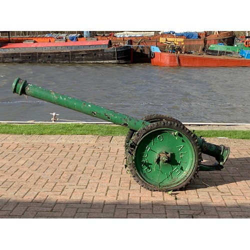 8 - A scratch built replica cannon, Allen Oxford wheels on a single axle, cast iron drain pipe barrel, 2... 
