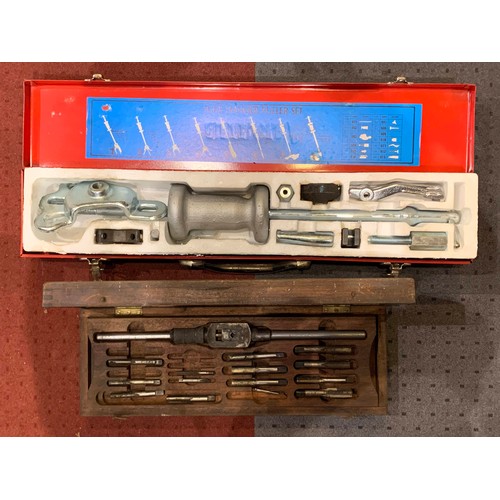 13 - A Bergen slide hammer puller set, cased, A Boschman angle grinder, cased, an unbranded tap and dye s... 