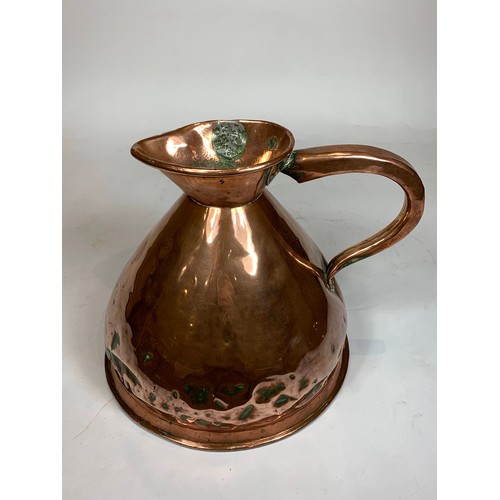 34 - A Victorian copper 1 gallon harvest measuring jug, with duty lead stamp, together with glazed stonew... 