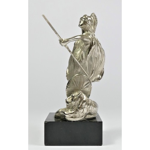 34 - A chrome car mascot in the form of Britannia raised on a black marble base, 17cm.