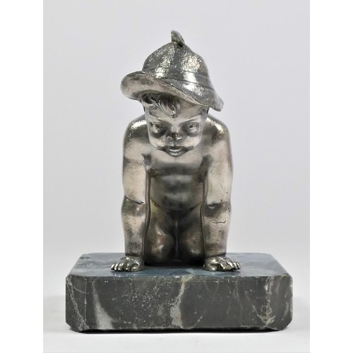 51 - A chrome car mascot in the form of a kneeling child with hat mounted on an onyx base, 10cm.