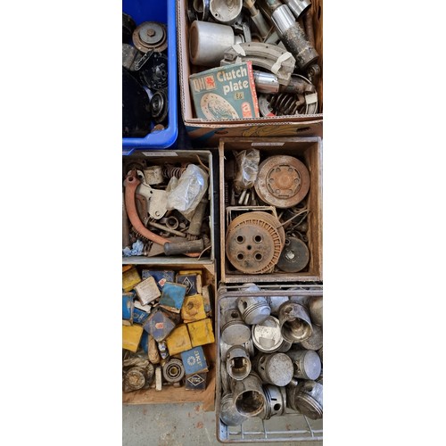 216 - A large collection of sundry motorcycles spares to include pistons, M20 oil tank, horns and bearings... 